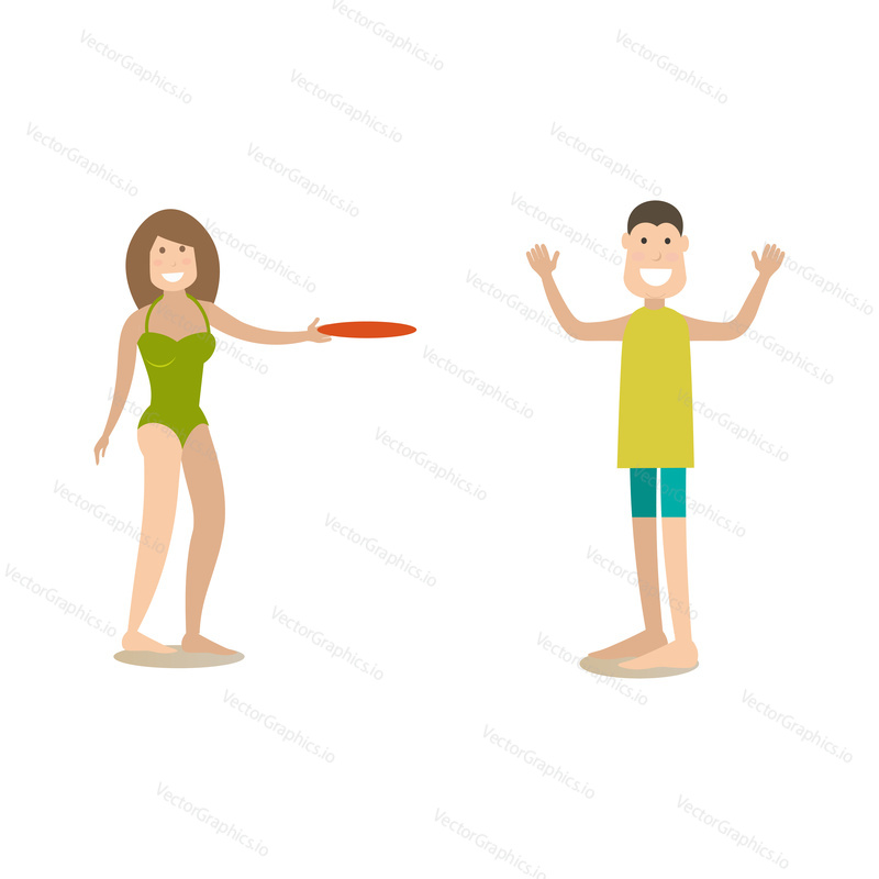 Vector illustration of young man and woman playing frisbee. Summer people concept flat style design element, icon isolated on white background.