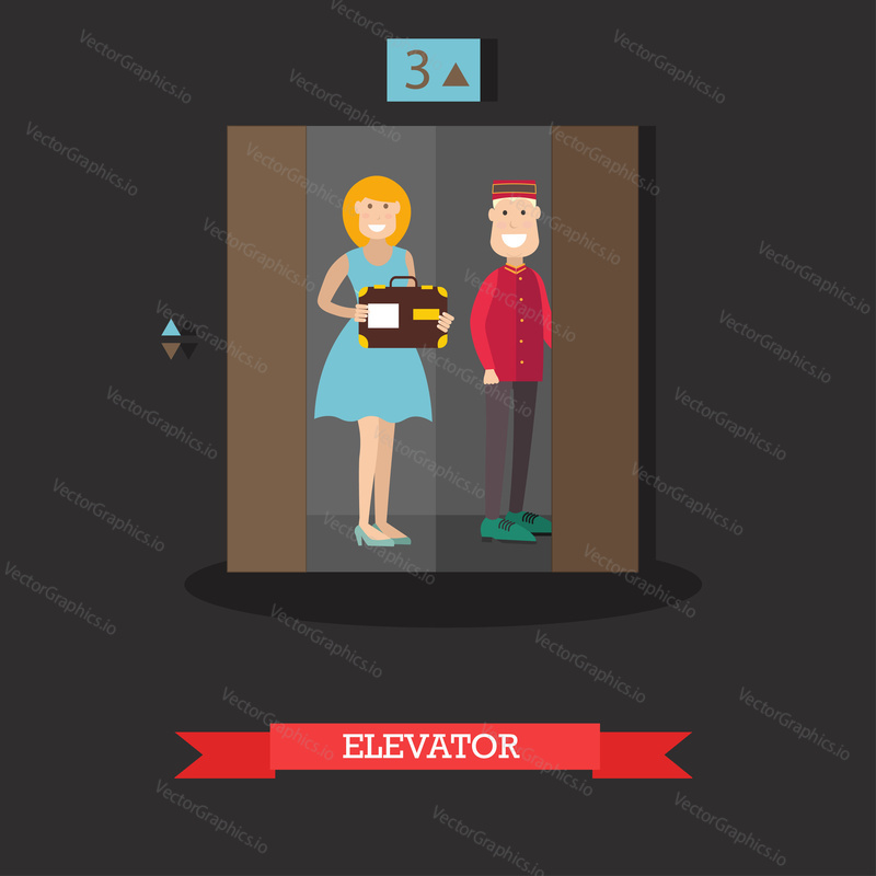Vector illustration of doorman standing with guest female in elevator. Hotel lift operator concept design element in flat style.
