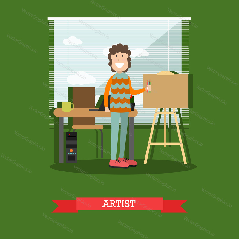 Vector illustration of painter male with pencils standing next to easel. Creative team member, artist flat style design element.