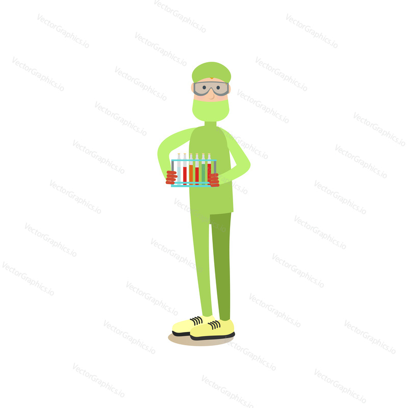 Vector illustration of biologist or chemist male in protective mask and glasses holding lab test tube rack with tubes. Science people flat style design element, icon isolated on white background.