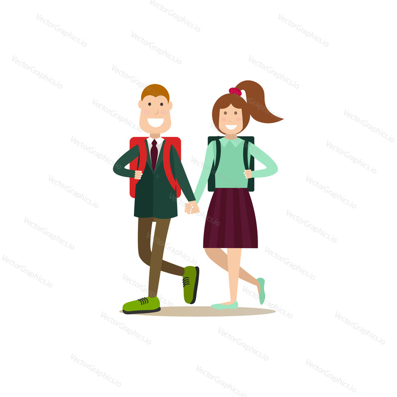 Vector illustration of school children boy and girl holding hands. School people concept flat style design element, icon isolated on white background.