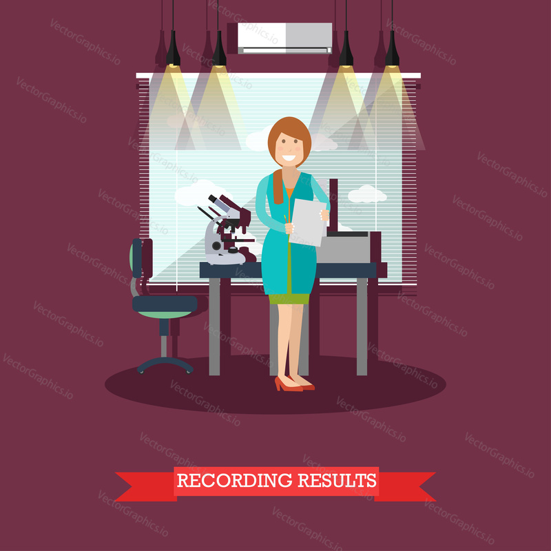 Vector illustration of scientist female working at lab. Laboratory interior and equipment. Recording results concept flat style design element.