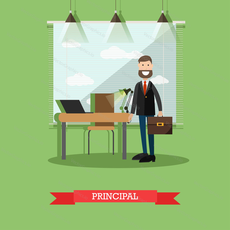 Vector illustration of headmaster male at his office. School principal concept design element in flat style.