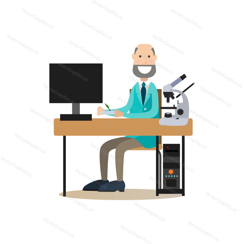Vector illustration of scientist male sitting at table with computer and microscope on it. Science people concept flat style design element, icon isolated on white background.