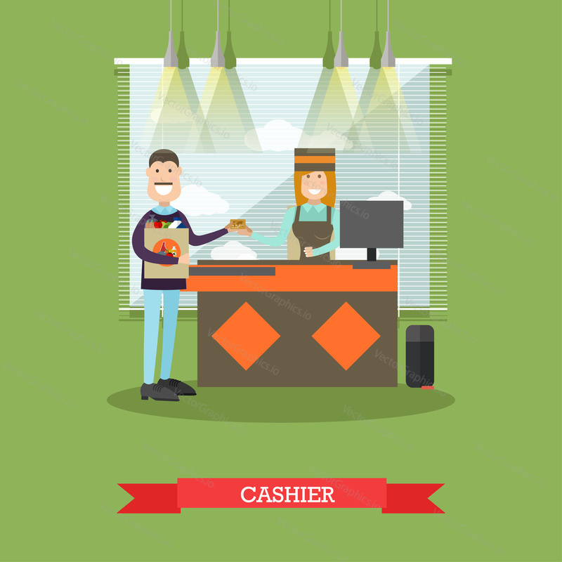 Vector illustration of grocery store cashier female and buyer male paying for purchases. Flat style design.