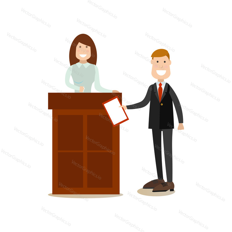 Vector illustration of lawyer questioning witness female standing at tribune. Law court people flat style design element, icon isolated on white background.