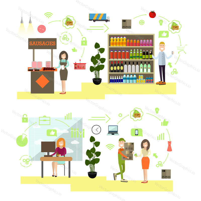 Vector illustration of promoter female and buyer male at supermarket. Online store and home delivery. People shopping symbols, icons isolated on white background. Flat style design.