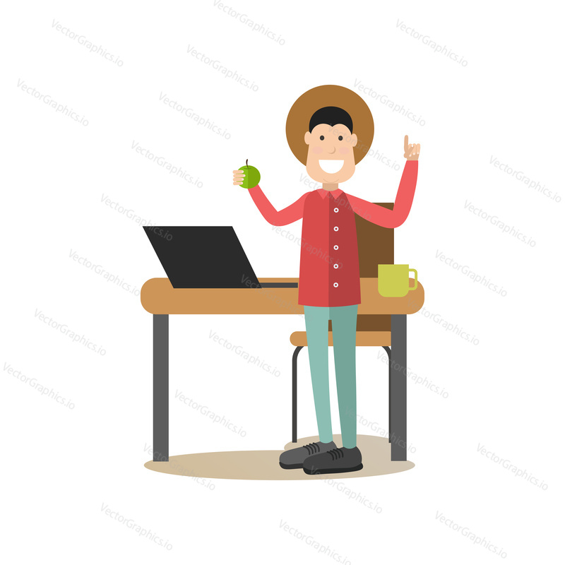 Vector illustration of happy idea man coming up with new idea. Man standing with arms raised and pointing finger hand sign. Creative team flat style design element, icon isolated on white background.