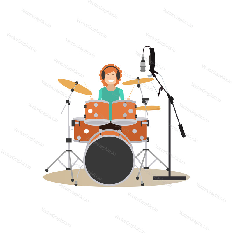Vector illustration of musician drummer in headphones playing drum kit in radio. Radio people flat style design element, icon isolated on white background.