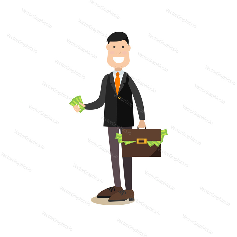 Vector illustration of confident businessman investor with money. Creative team people flat style design element, icon isolated on white background.