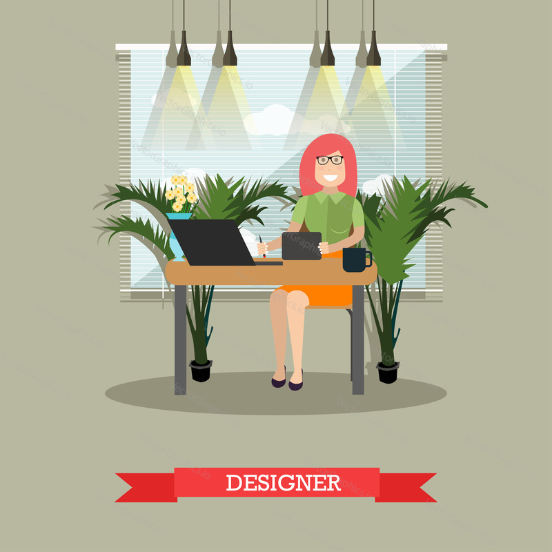 Vector illustration of woman sitting at the table and working on tablet at office. Creative team member, graphic designer flat style design element.
