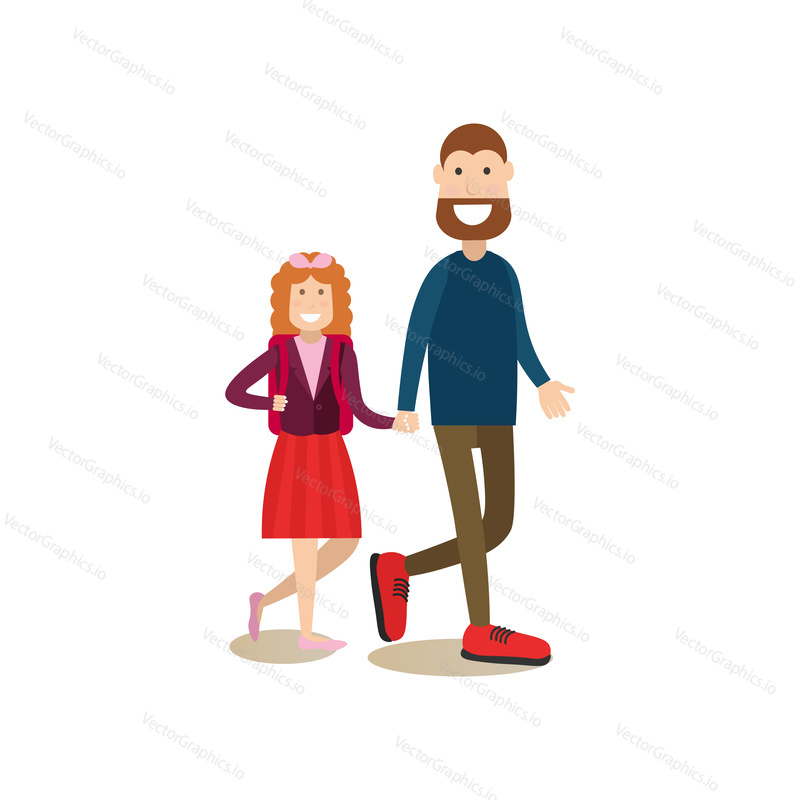 Vector illustration of father taking his daughter to school in the morning. School people concept flat style design element, icon isolated on white background.