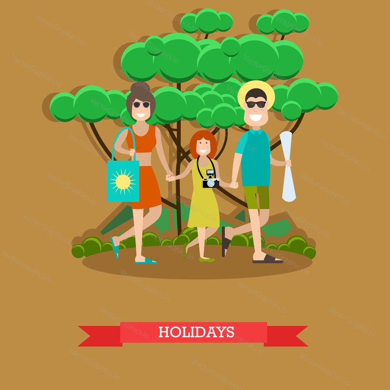Vector illustration of father, mother and daughter going to the beach. Family beach holidays concept flat style design element.