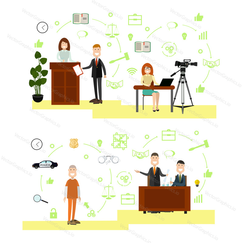Vector set of legal trial scenes with lawyers questioning witness, proving his client innocence, woman recording court hearing. Law court people flat symbols, icons isolated on white background.