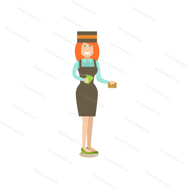 Vector illustration of cashier female with credit card in one hand and paper money in another. People shopping flat style design element, icon isolated on white background.