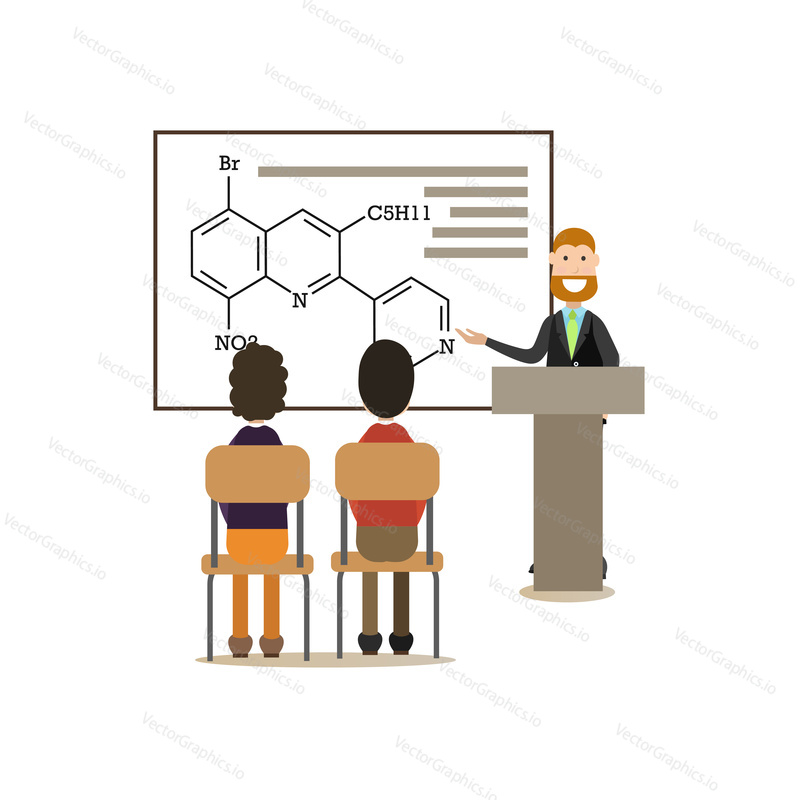 Vector illustration of chemistry teacher, university professor giving lecture. Science people concept flat style design element, icon isolated on white background.