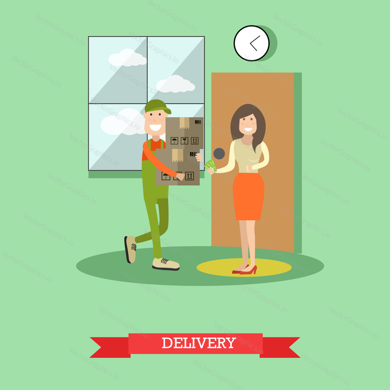 Vector illustration of man delivering goods in cardboard boxes to buyer female. Home delivery services flat style design element.