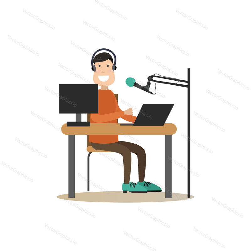 Vector illustration of radio dj male in headphones working in front of microphone and computer at radio studio. Radio people flat style design element, icon isolated on white background.