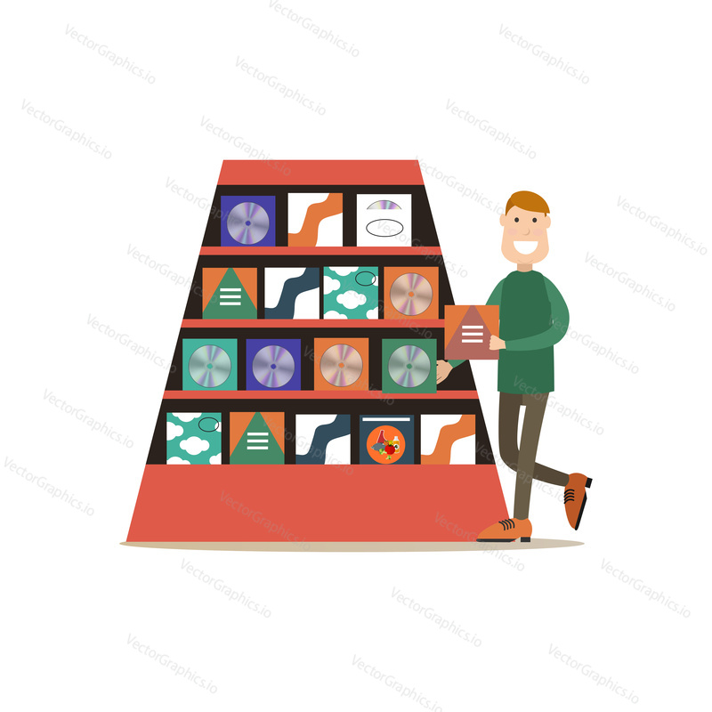 Vector illustration of man choosing CDs at music store for radio programmes. Radio people flat style design element, icon isolated on white background.