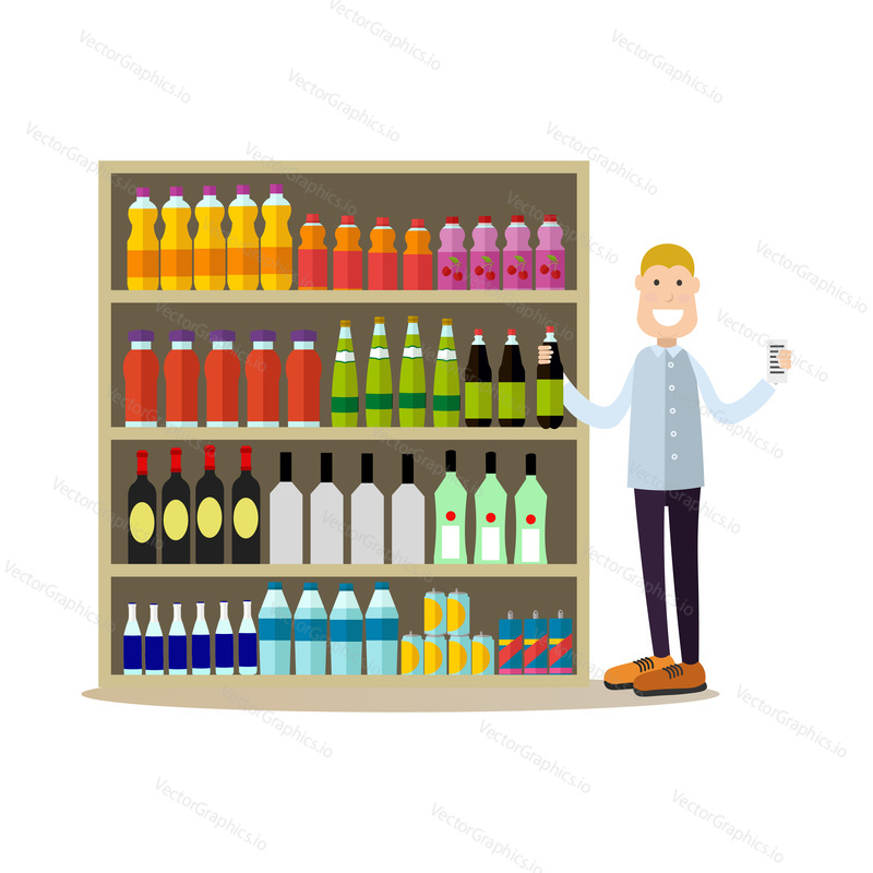 Vector illustration of buyer male taking bottle from supermarket shelf with drinks. People shopping flat style design element, icon isolated on white background.