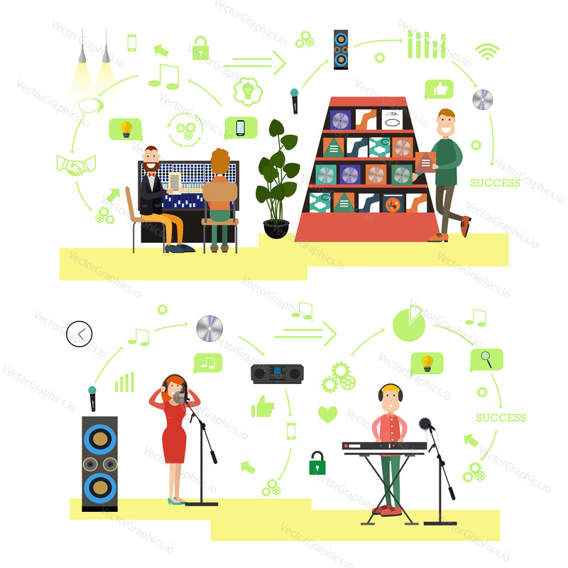 Vector set of radio studio workers, musicians and singers creating content for live and recorded programmes. Radio people symbols, icons isolated on white background. Flat style design.