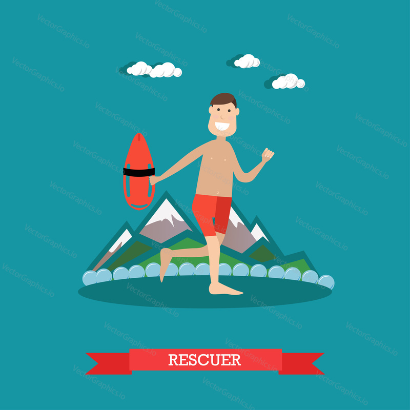 Vector illustration of man beach lifeguard. Rescuer flat style design element.