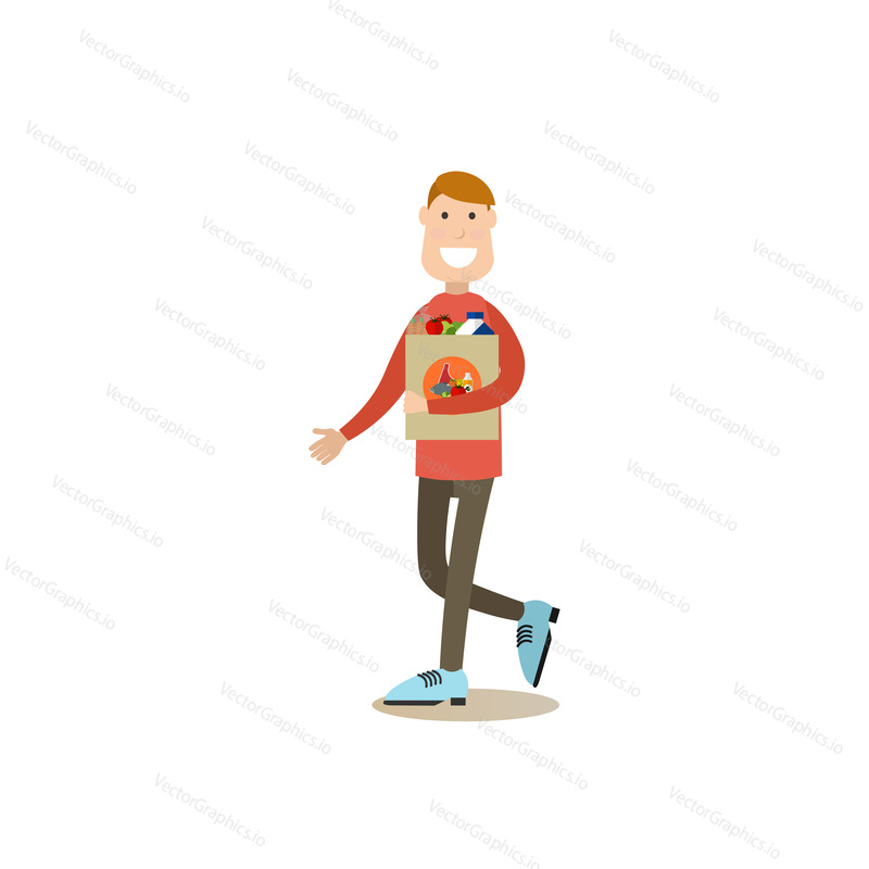 Vector illustration of buyer male with shopping bag full of groceries. People shopping flat style design element, icon isolated on white background.