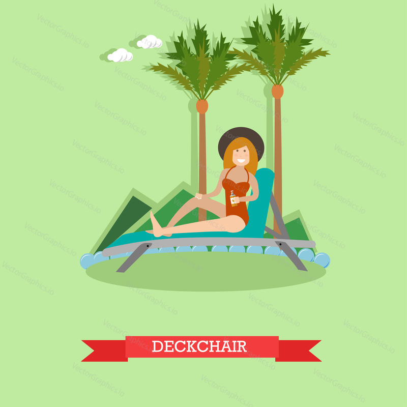 Vector illustration of redheaded woman in red swimming suit sitting on lounge chair. Girl using protective cream. Deckchair flat style design element.