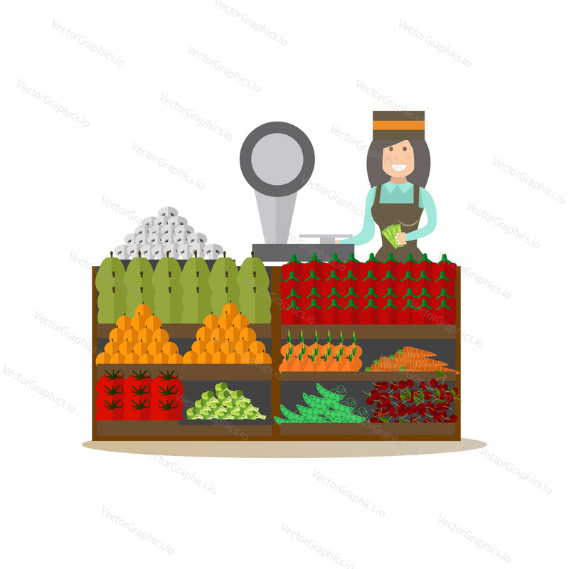 Vector illustration of market stall with vegetables and saleswoman with paper money. People shopping flat style design element, icon isolated on white background.