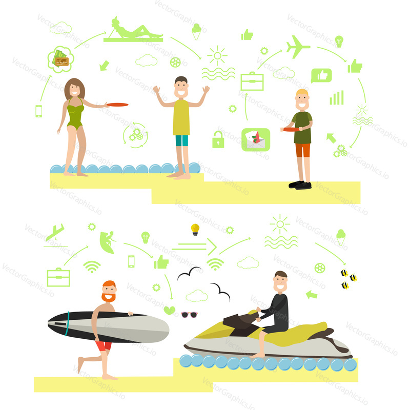 Vector illustration of tourists or vacationists taking rest on the beach. People playing frisbee, surfing, riding jet ski. Summer people symbols, icons isolated on white background. Flat style design.