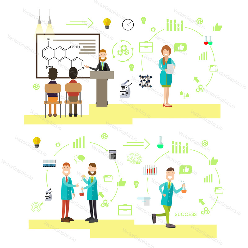 Vector illustration of chemistry professor giving lecture, scientists making scientific discoveries. Science people, lab equipment symbols, icons isolated on white background. Flat style design.