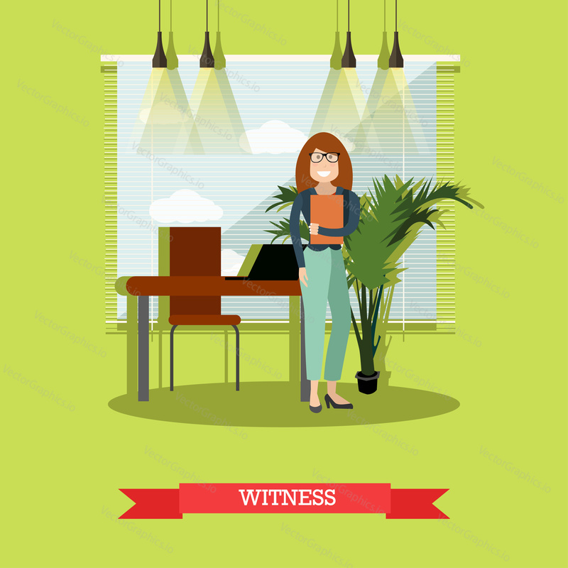 Vector illustration of witness female waiting to provide testimonial evidence in court. Flat style design.