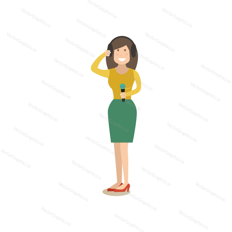 Vector illustration of radio broadcast journalist female in headphones holding microphone. Radio people flat style design element, icon isolated on white background.