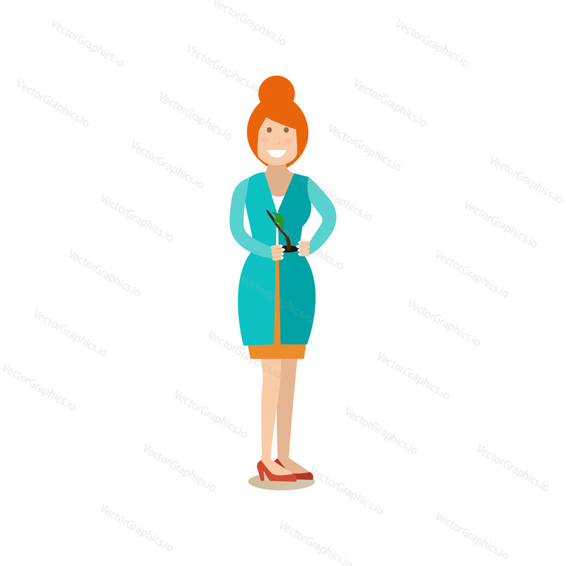 Vector illustration of scientist biologist female holding plant. Science people concept flat style design element, icon isolated on white background.