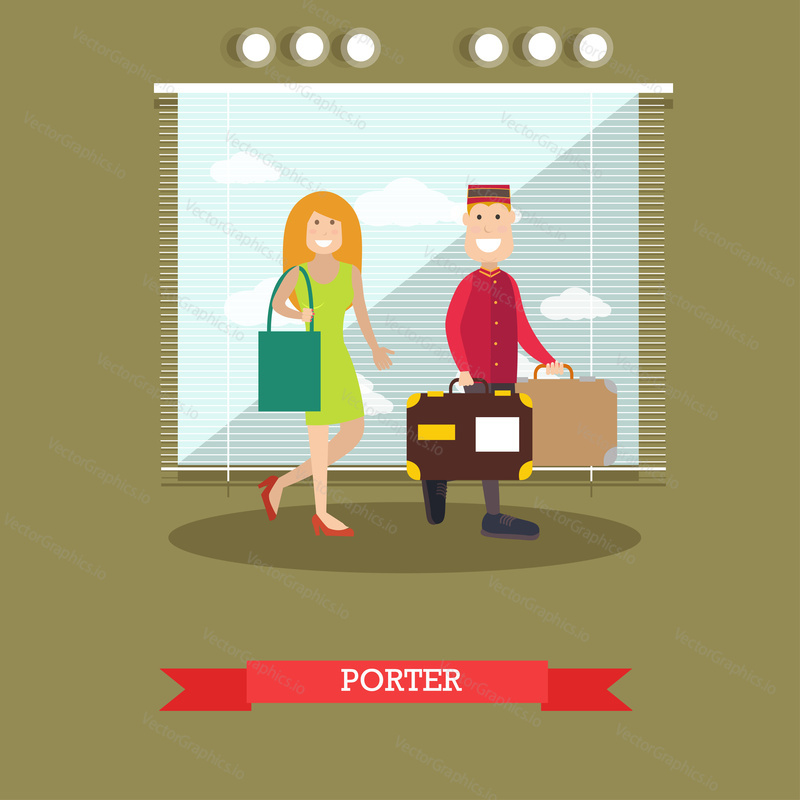 Vector illustration of bellboy carrying suitcases of client female. Hotel porter concept design element in flat style.
