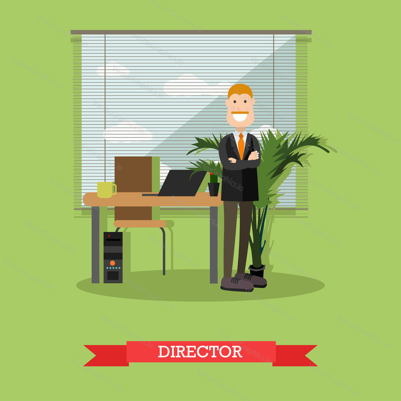 Vector illustration of businessman standing with arms crossed at his office. Creative director concept flat style design element.