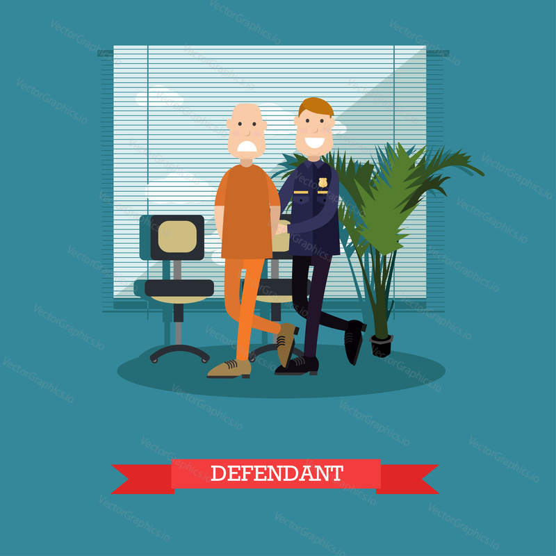 Vector illustration of security guard leading defendant or accused man with hands behind his back to the courtroom. Flat style design.