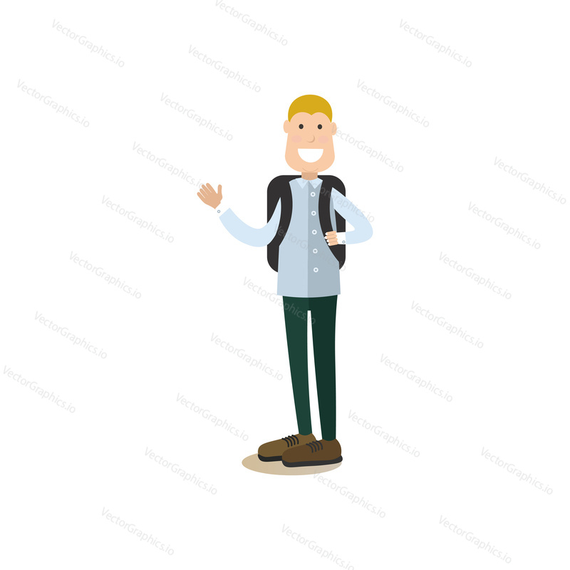 Vector illustration of schoolboy with backpack. School people concept flat style design element, icon isolated on white background.