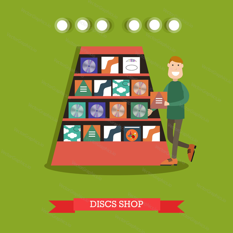 Vector illustration of worker in radio male choosing CDs at music store for radio programmes. Discs shop concept design element in flat style.