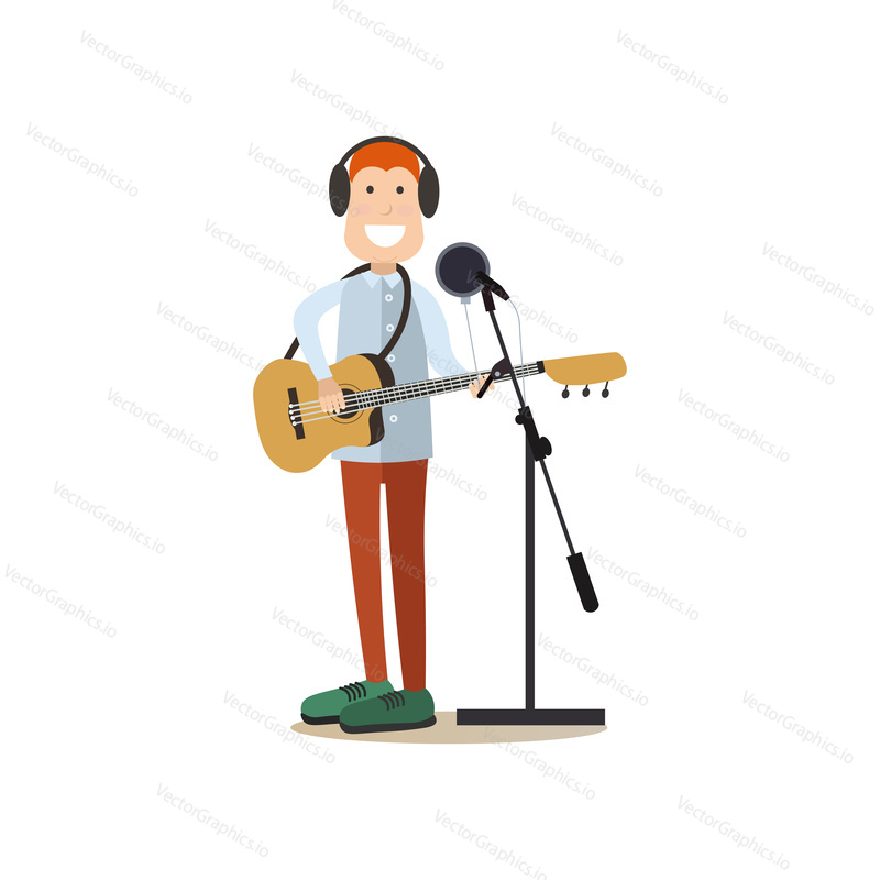 Vector illustration of musician guitarist in headphones playing guitar in radio. Radio people flat style design element, icon isolated on white background.