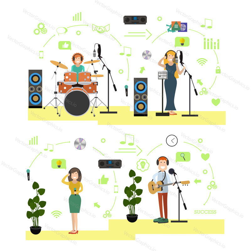 Vector set of singers, musicians males and females in headphones recording their voice and music. Radio people symbols, icons isolated on white background. Flat style design.