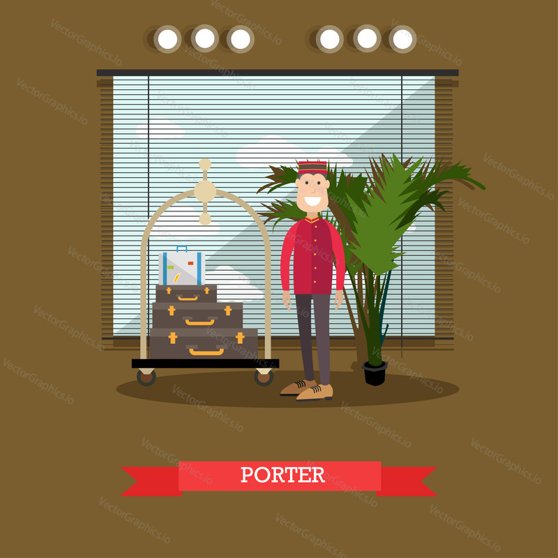 Vector illustration of bellhop standing next to luggage cart with suitcases. Hotel porter concept design element in flat style.