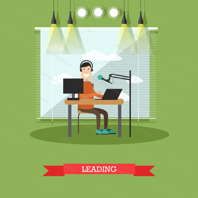Vector illustration of radio presenter or dj male in headphones working in front of microphone and laptop at radio studio. Leading of radio station or programme concept flat style design element.