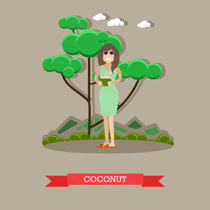 Vector illustration of woman in sunglasses holding coconut cocktail. Beach holidays flat style design element.