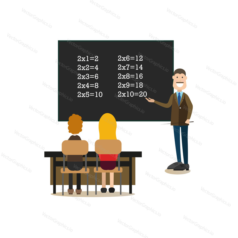 Vector illustration of maths teacher male pointing at blackboard and school children sitting at the desk. School people concept flat style design element, icon isolated on white background.