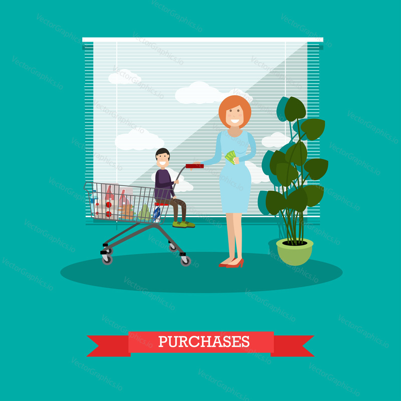 Vector illustration of woman with her son sitting in shopping cart full of groceries. Purchases concept design element in flat style.