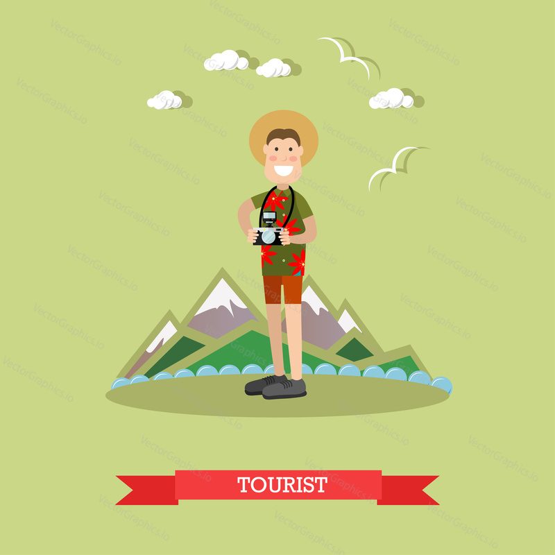 Vector illustration of tourist male with camera. Flat style design.