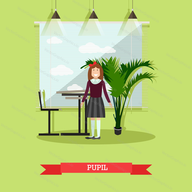 Vector illustration of school girl standing next to the desk in classroom. Pupil concept design element in flat style.