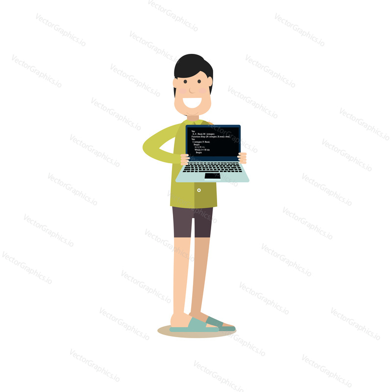Vector illustration of programmer holding laptop with program codes on screen. Creative team people flat style design element, icon isolated on white background.