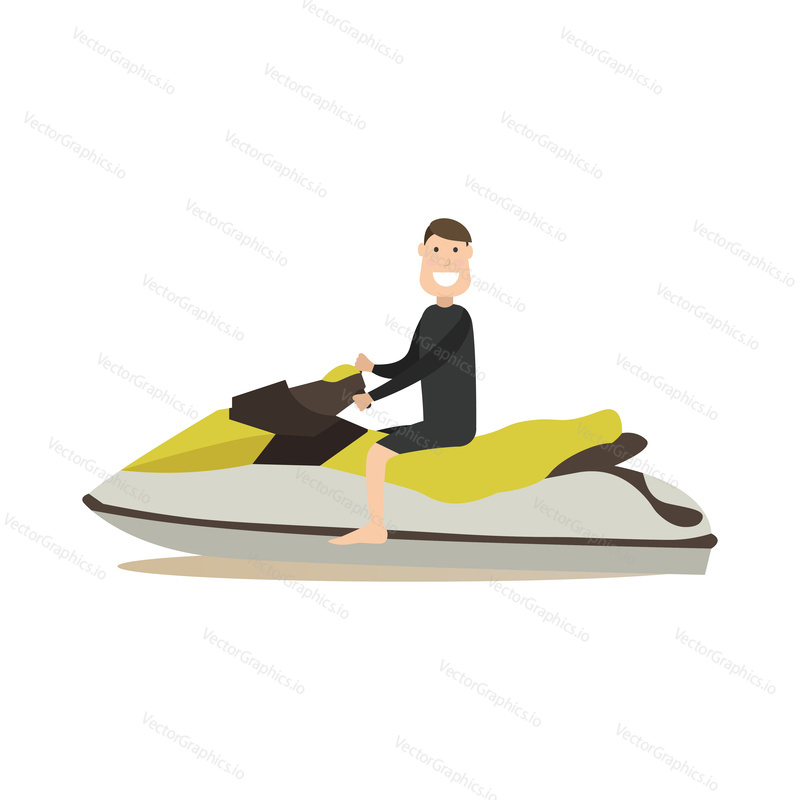 Vector illustration of man riding water scooter or jet ski. Summer people concept flat style design element, icon isolated on white background.